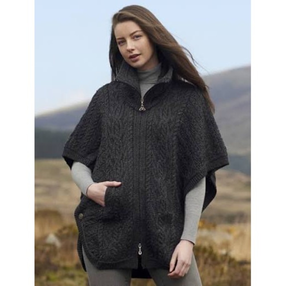 Aran Crafts Ireland 100% Merino Wool Black Full Zip Poncho Sweater Womens Medium
